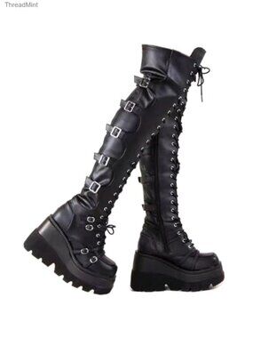 Over Knee Thigh High Platform Goth Boots Chunky Heel Lace Up Side Zip Faux